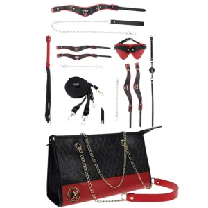 Set OUCH! Kit with Bag - Milan Collection. 9 produse pentru jocuri BDSM. cu cătușe. mască. lesă. căluș. bici și geantă. negru cu roșu