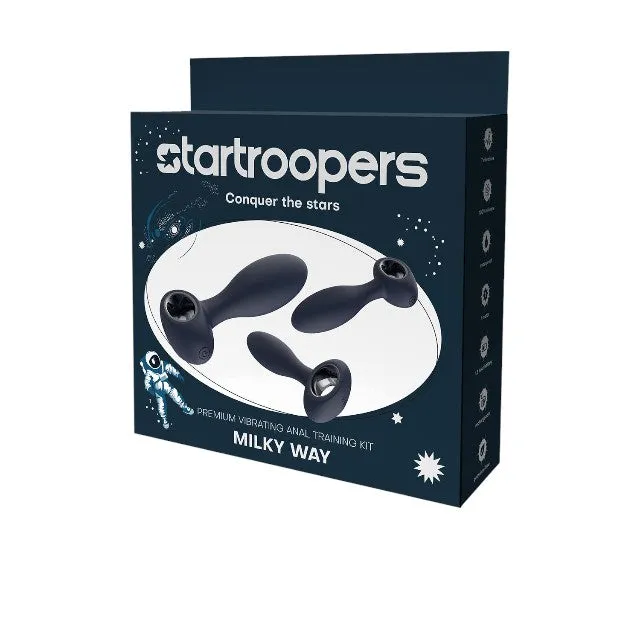 Set plug anal DREAMTOYS Startroopers Milky Way. 1 dop clasic   2 dopuri cu funcție de vibrație. 12.5 cm - 16 cm. albastru