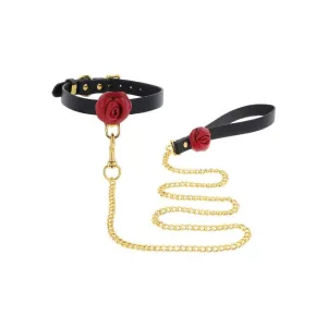 Set TABOOM Collar & Leash Wild Roses pentru jocuri erotice BDSM. cu trandafiri decorativi. din piele naturală. culoare negru cu roșu