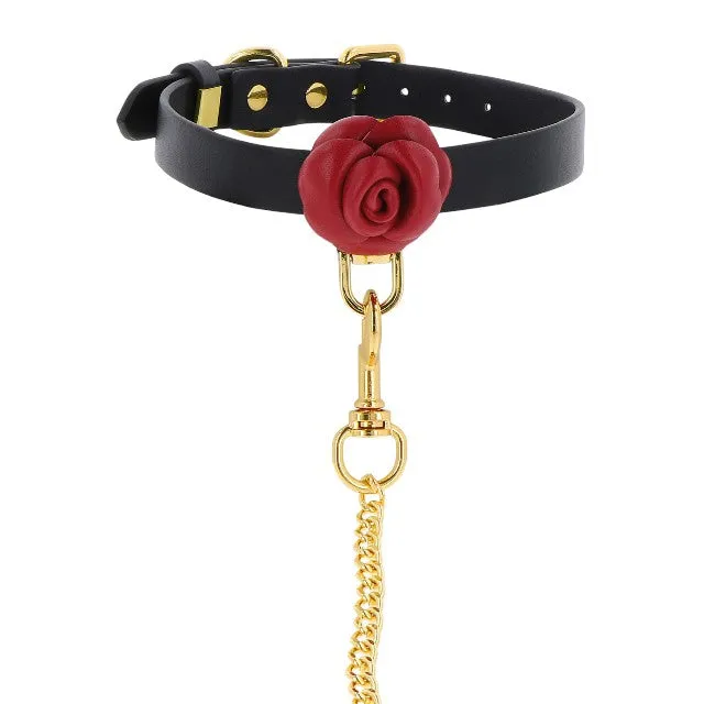 Set TABOOM Collar & Leash Wild Roses pentru jocuri erotice BDSM. cu trandafiri decorativi. din piele naturală. culoare negru cu roșu