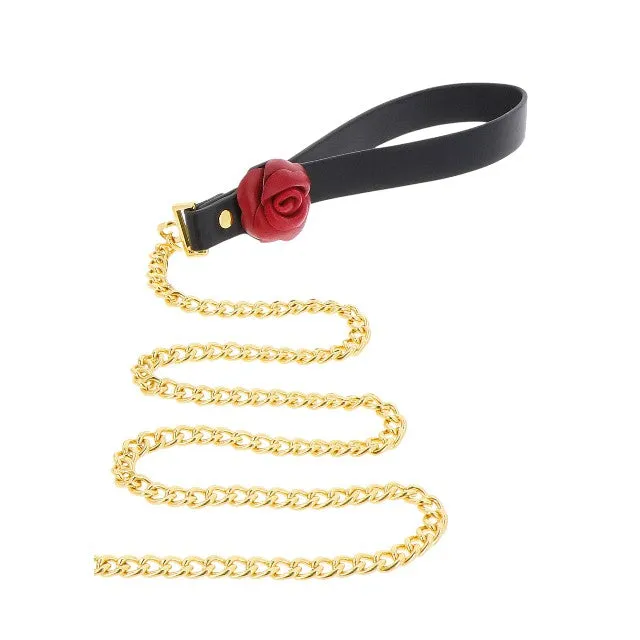 Set TABOOM Collar & Leash Wild Roses pentru jocuri erotice BDSM. cu trandafiri decorativi. din piele naturală. culoare negru cu roșu