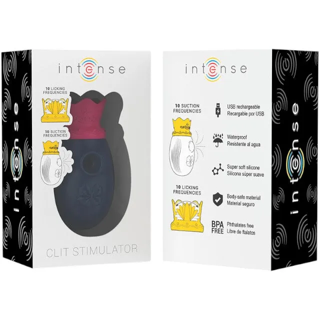 Stimulator clitoris INTENSE Clit Stimulator. design cu coroană. cu funcție de simulare sex oral. 10 funcții de aspirare. albastru cu roz