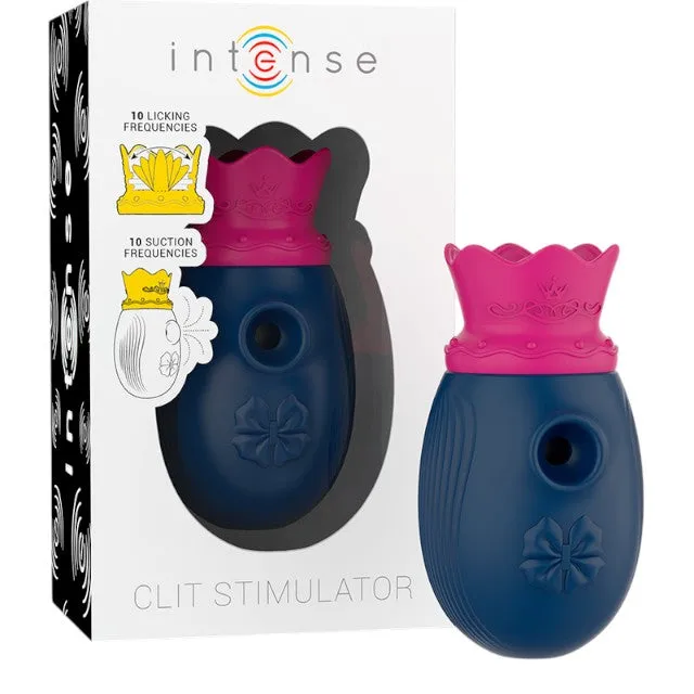 Stimulator clitoris INTENSE Clit Stimulator. design cu coroană. cu funcție de simulare sex oral. 10 funcții de aspirare. albastru cu roz