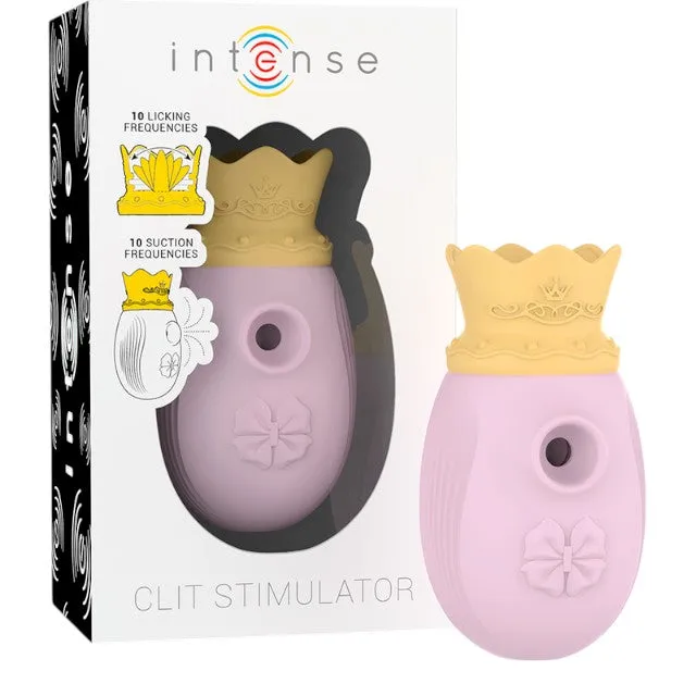 Stimulator clitoris INTENSE Clit Stimulator. design cu coroană. cu funcție de simulare sex oral. 10 funcții de aspirare. roz cu galben