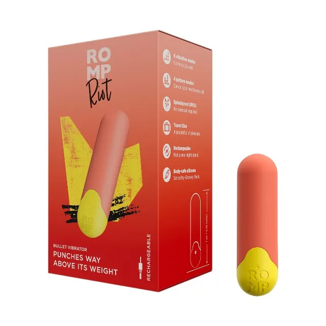 Vibrator bullet ROMP RIOT. pentru stimularea clitorisului. 10 funcții de vibrație. rezistent la apă IPX5. portocaliu cu galben