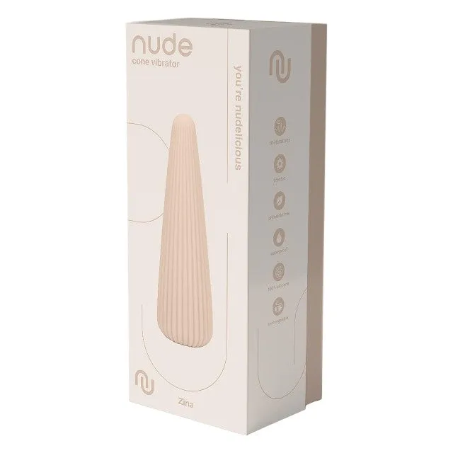 Vibrator DREAMTOYS Nude Zina. în formă de con. cu striații verticale. 10 funcții de vibrație. lungime 12.5 cm. crem