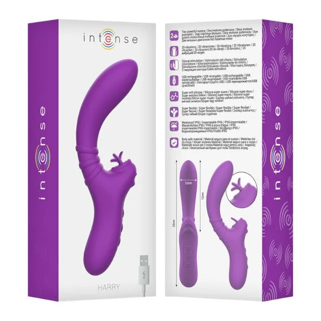 Vibrator dublu INTENSE HARRY. cu funcție de simulare sex oral. 20 funcții de vibrație. design curbat pentru stimularea punctului G. mov