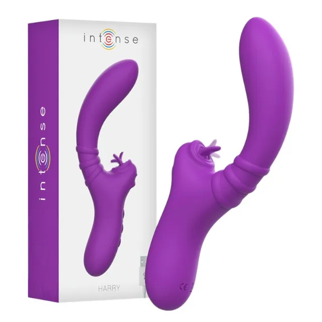 Vibrator dublu INTENSE HARRY. cu funcție de simulare sex oral. 20 funcții de vibrație. design curbat pentru stimularea punctului G. mov