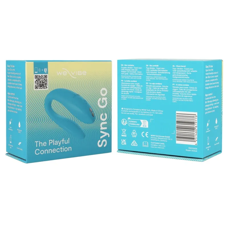 Vibrator dublu WE VIBE Sync Go. pentru stimularea clitorisului și punctului G. control prin aplicație. 9 funcții de vibrație. turcoaz