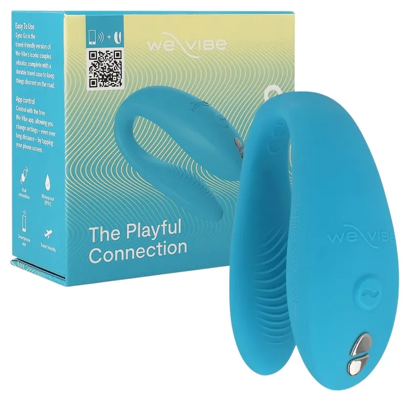 Vibrator dublu WE VIBE Sync Go. pentru stimularea clitorisului și punctului G. control prin aplicație. 9 funcții de vibrație. turcoaz