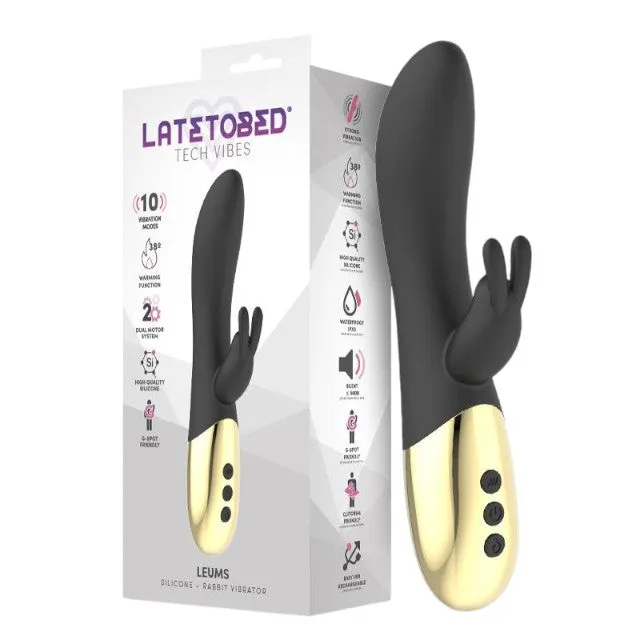 Vibrator LATETOBED Leums Silicone Rabbit. cu stimulator dublu. funcție de încălzire. 10 funcții de vibrație. negru cu auriu