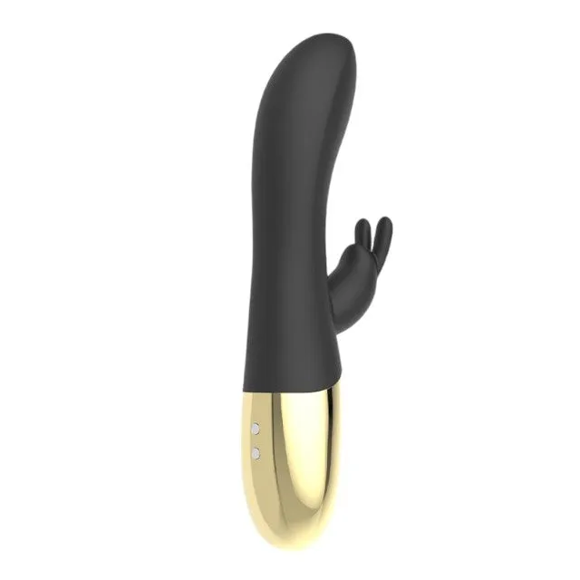 Vibrator LATETOBED Leums Silicone Rabbit. cu stimulator dublu. funcție de încălzire. 10 funcții de vibrație. negru cu auriu