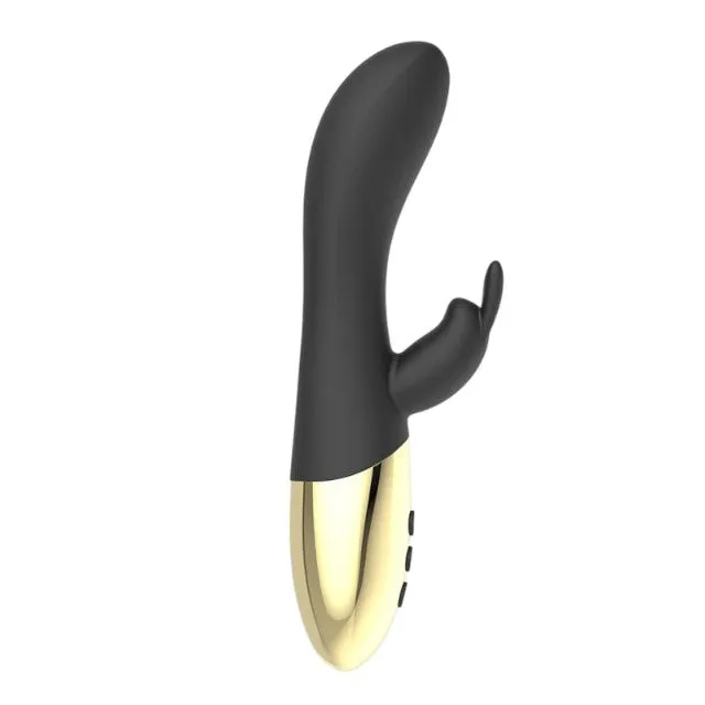 Vibrator LATETOBED Leums Silicone Rabbit. cu stimulator dublu. funcție de încălzire. 10 funcții de vibrație. negru cu auriu
