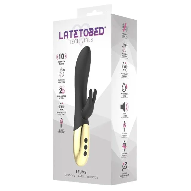 Vibrator LATETOBED Leums Silicone Rabbit. cu stimulator dublu. funcție de încălzire. 10 funcții de vibrație. negru cu auriu