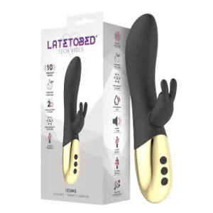 Vibrator LATETOBED Leums Silicone Rabbit. cu stimulator dublu. funcție de încălzire. 10 funcții de vibrație. negru cu auriu
