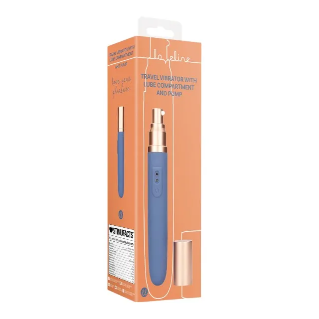 Vibrator portabil LOVELINE BY SHOTS Travel Vibrator. cu compartiment și pompă pentru lubrifiant. 10 funcții de vibrație. culoare albastru