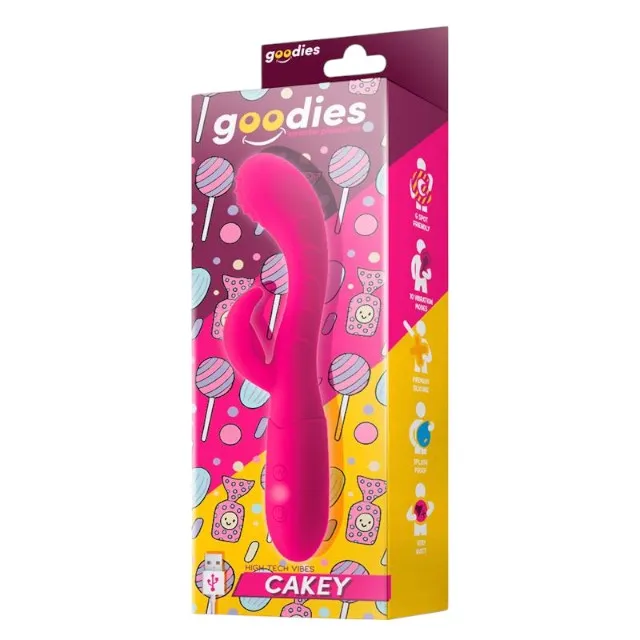 Vibrator rabbit GOODIES Sweetie Pleasures CAKEY. cu stimulator dublu. din silicon premium. 10 funcții de vibrație. roz fuchsia
