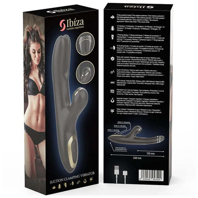 Vibrator rabbit IBIZA Suction Clamping Vibrator. din silicon hipoalergenic. 10 funcții de vibrație. 10 funcții de aspirare clitoridiană. negru