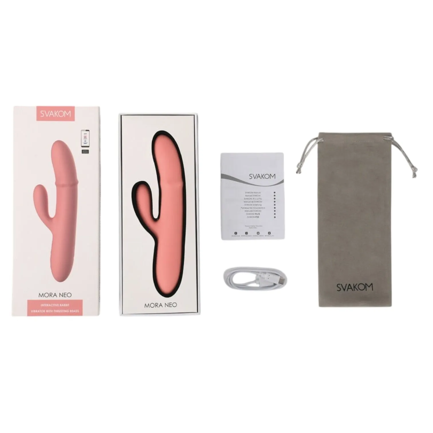 Vibrator rabbit interactiv SVAKOM MORA NEO. cu inel din perle cu 3 funcții de masaj. control prin aplicație. roz
